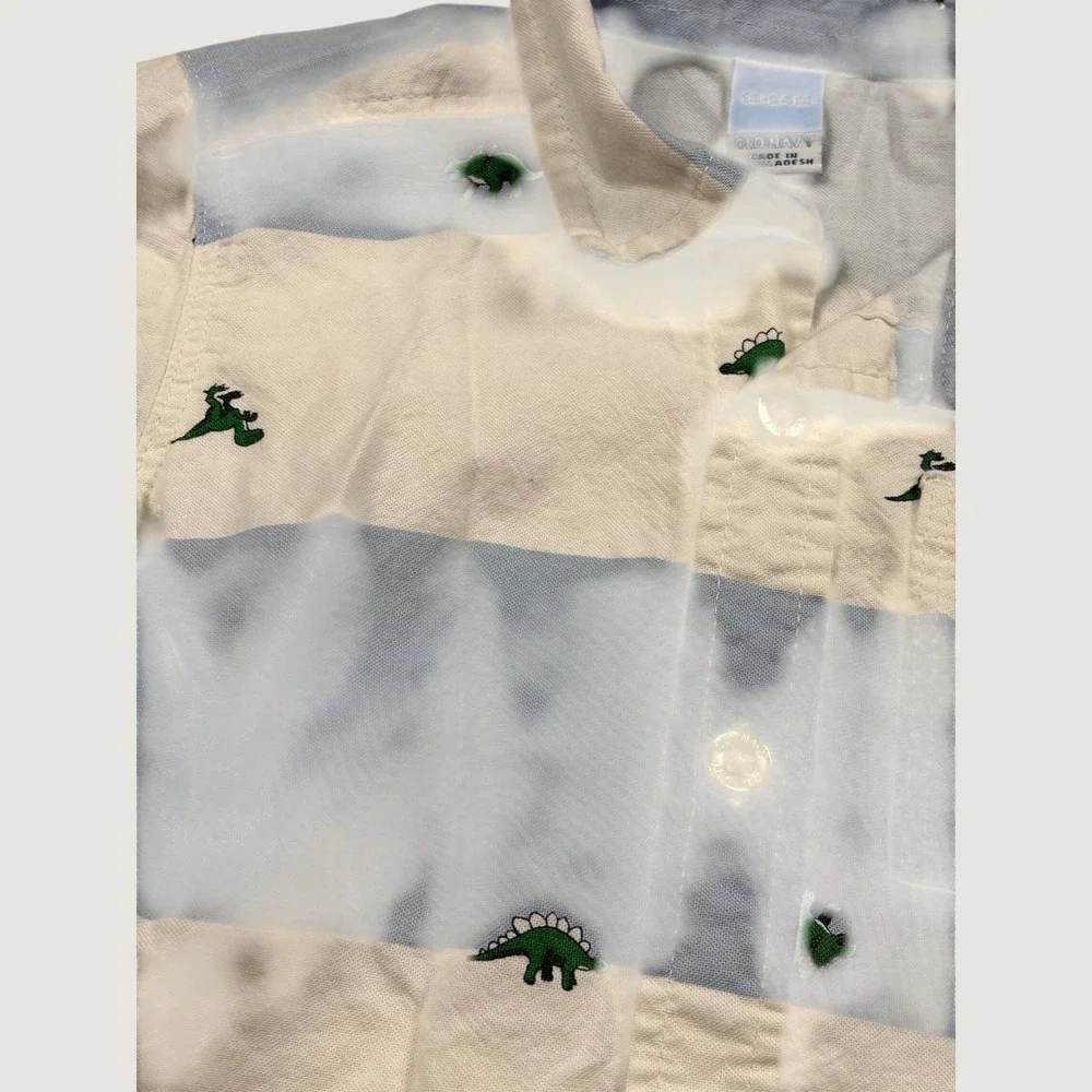 Old Navy Toddler Boys Blue White Striped Dinosaur Embroidered Button Down Shirt